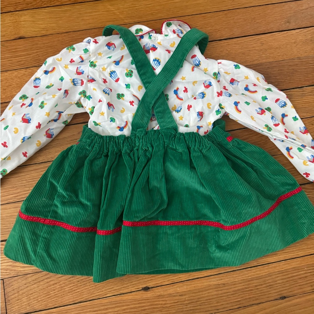 Vintage 80s Green Corduroy Jumper Dress & Printed Blouse Set 3T - Picture 5 of 6